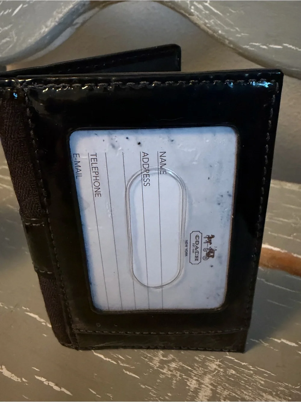 Coach Black Patent Leather ID Card Case with Monogram Side